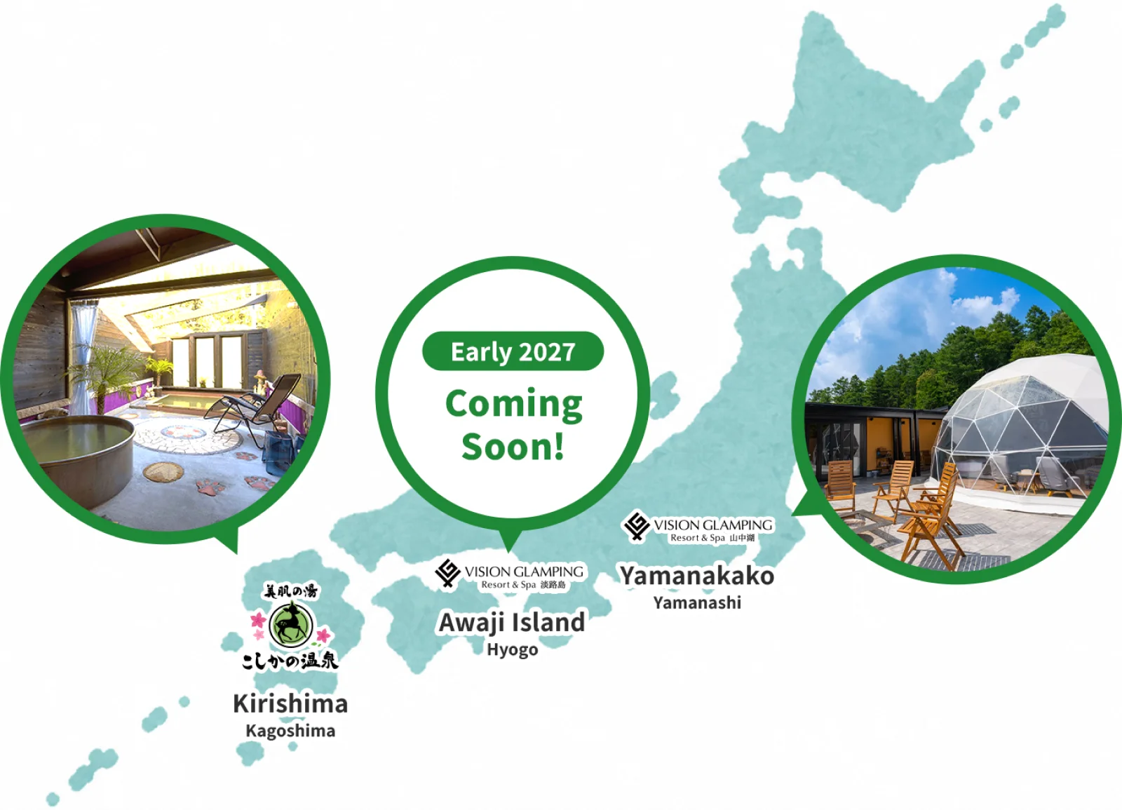 Map of Japan showing our facility locations: Yamanakako, Yamanashi; Awaji Island, Hyogo (coming soon, early 2027); and Kirishima, Kagoshima